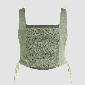 Green Smocked Tie Front Crop Tank Top